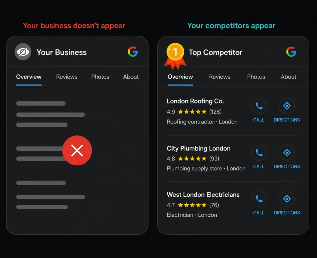 Comparison: on the left a business that does not appear on Google, on the right its competitors appearing
