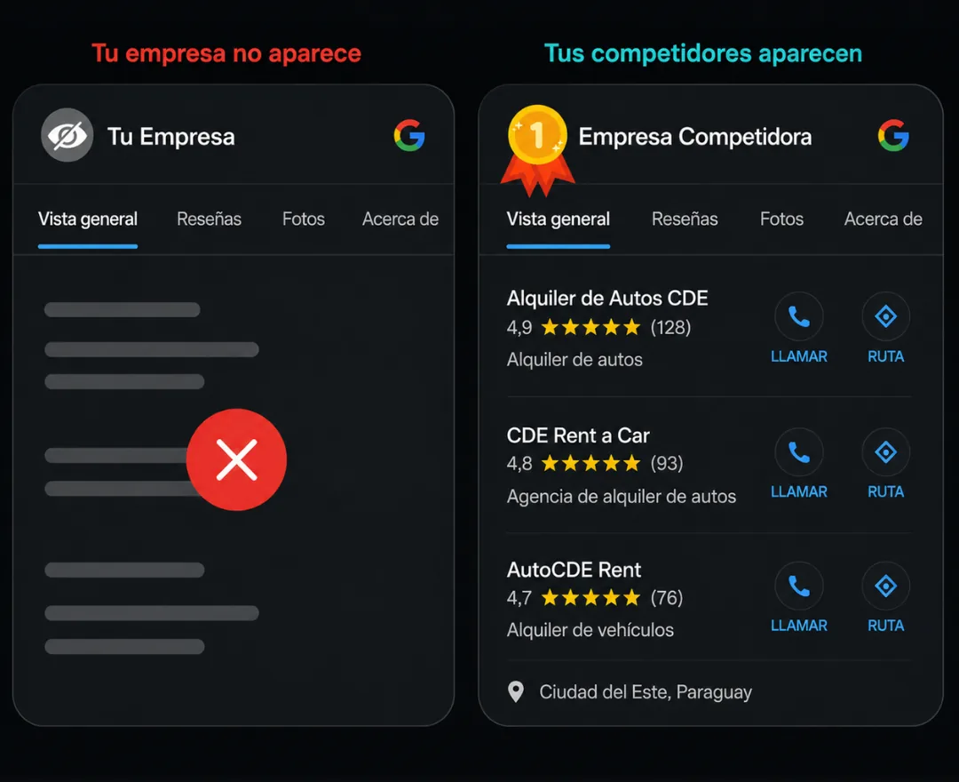 Comparación: a la izquierda una empresa que no aparece en Google, a la derecha sus competidores apareciendo