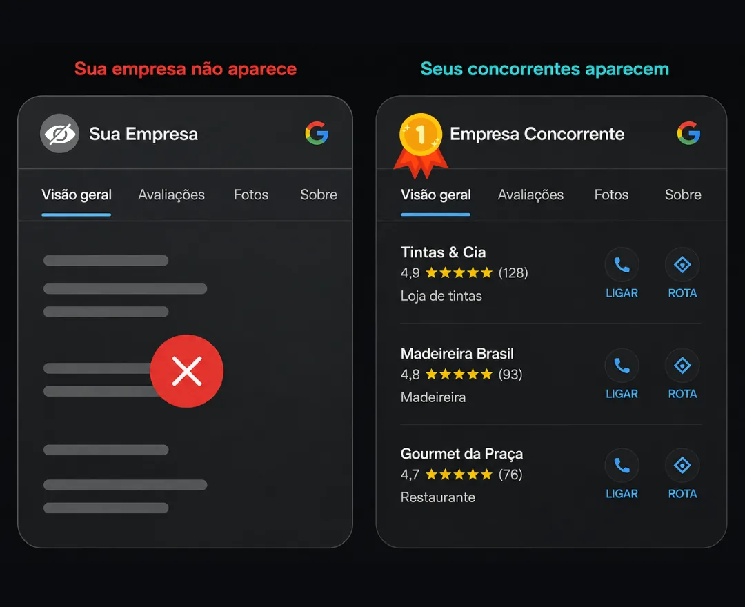 Comparação: à esquerda uma empresa que não aparece no Google, à direita os concorrentes aparecendo