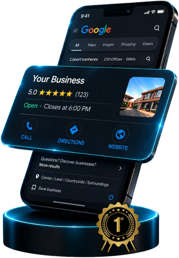 Mockup of a phone showing a business profile on Google with a number one badge