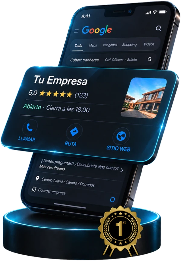 Maqueta de un celular que muestra el perfil de una empresa en Google con una insignia de número uno