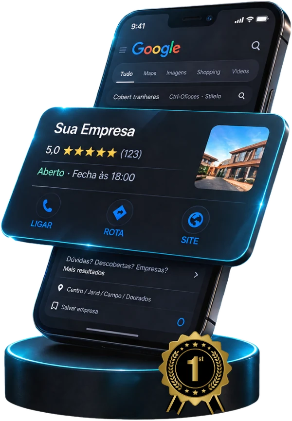 Mockup de um celular mostrando o perfil de uma empresa no Google com um selo de número um