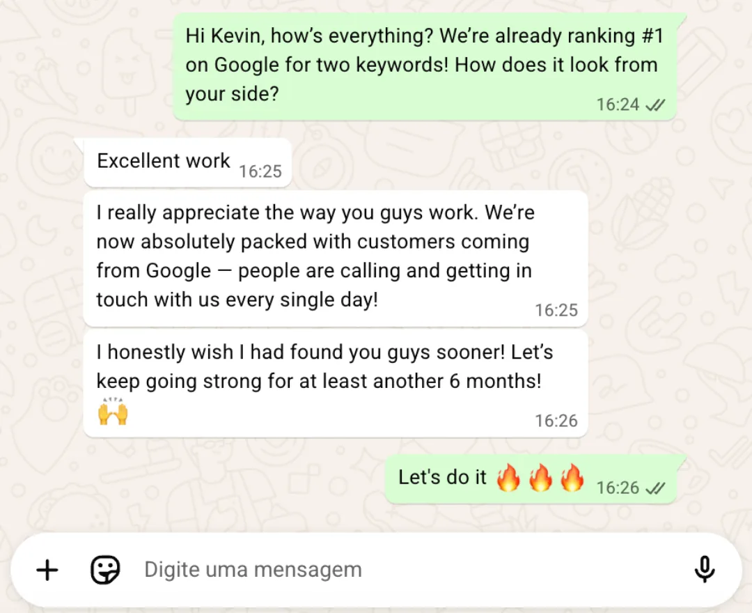WhatsApp conversation in which a client says the business is now full of customers coming from Google